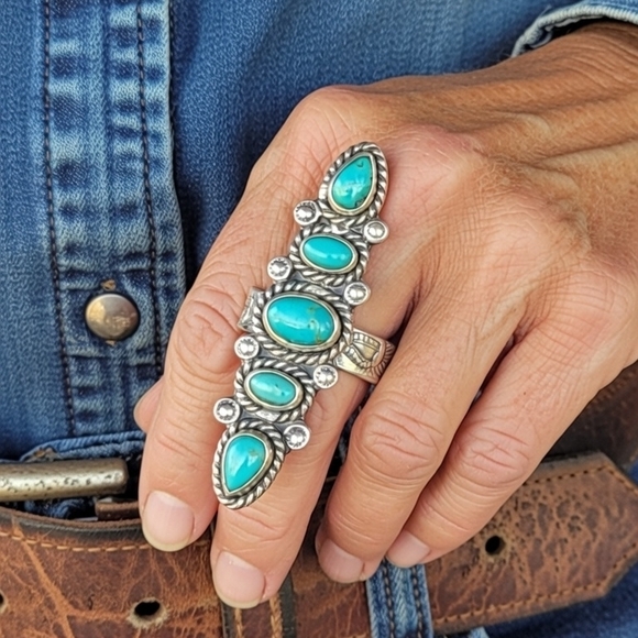 Native American Jewelry - Elegant Long Turquoise Sterling Silver Adjustable Ring Size 8 And Up Cowgirl